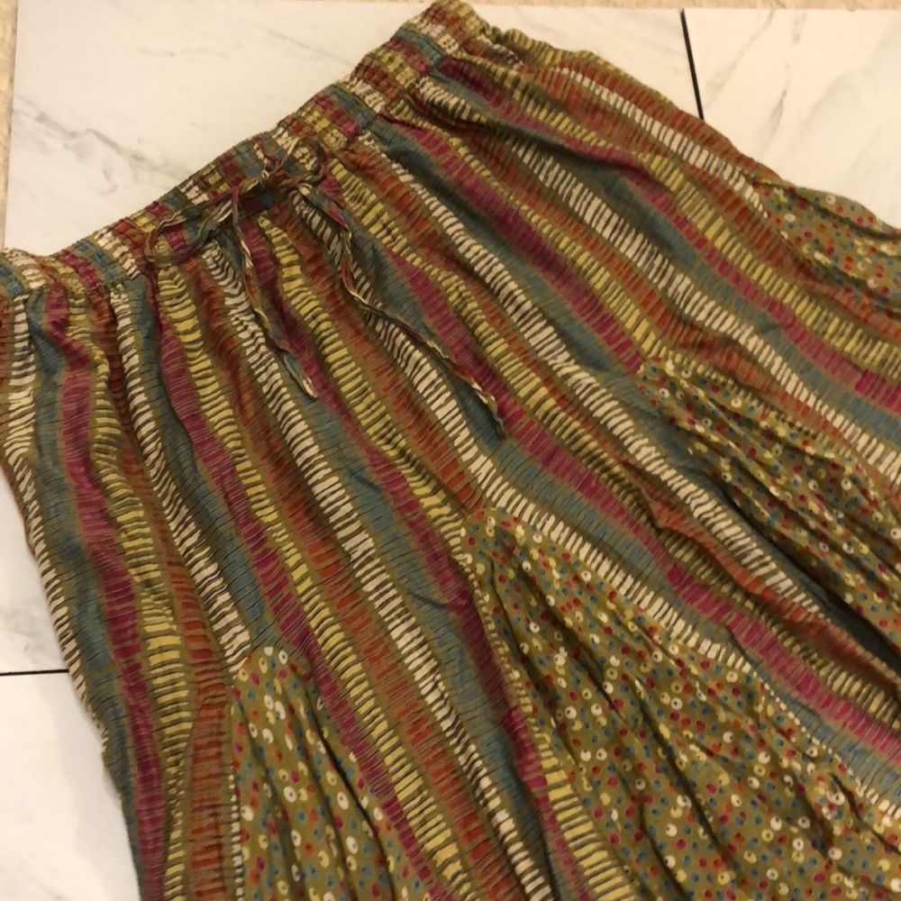 BOHO-Olive,Pink & Cream Floral Patterned Pleated A-Line Cotton Maxi Skirt Large - Picture 2 of 6